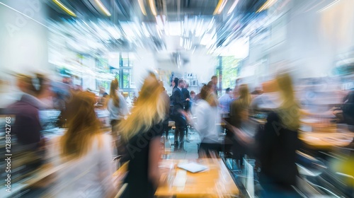A business networking event with professionals gathered in a blurred office setting, emphasizing collaboration