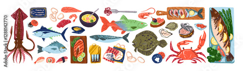 Seafood set. Different sea food: fishes, squid, salmon, tuna, sushi, caviar, shrimp, crab, octopus, oyster. Underwater, undersea cuisine. Flat isolated vector illustrations on white background