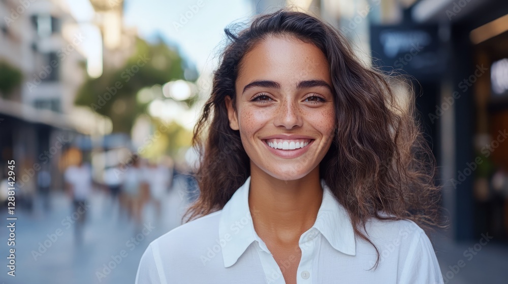 Portrait of a smiling woman wearing a white blouse with joyful expression standing outdoors during daylight. Portrait of a smiling woman wearing a white blouse with joyful expression standing outdoors during daylight.