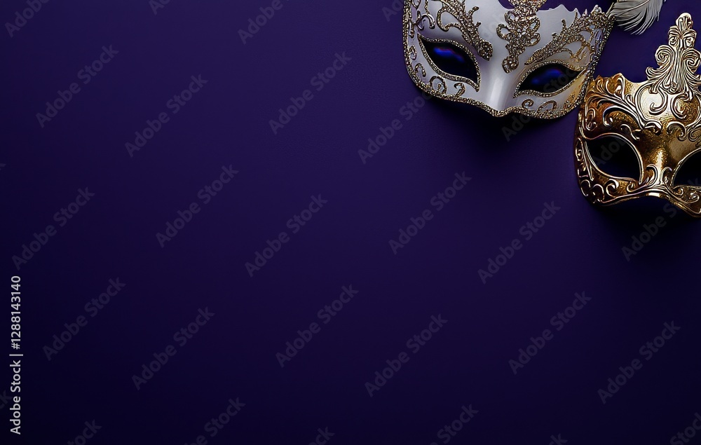 Naklejka premium The concept of a Happy Purim carnival decoration incorporates a mask and a sparkle star on a purple background to celebrate the Jewish holiday