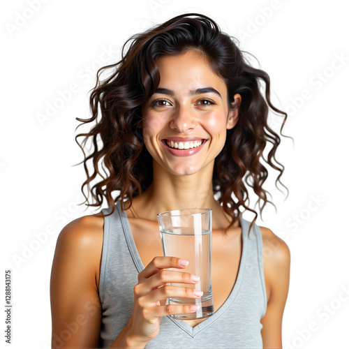 Smiling woman drinking water, isolated on transparent background. Ideal for health, wellness, beauty, and lifestyle designs. Cheerful hydration concept.