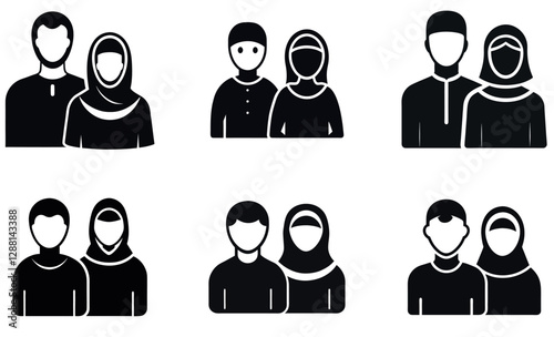 A set of six simple, black silhouette icons depicting Muslim couples.