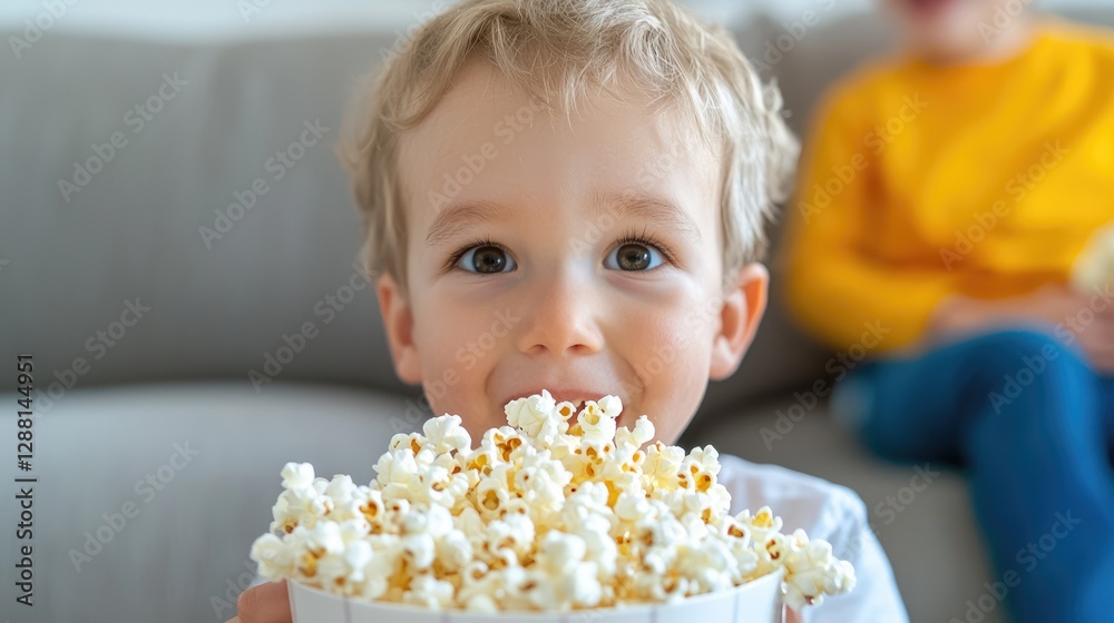 Child eating popcorn, indoor, family movie night, relaxing Child eating popcorn, indoor, family movie night, relaxing