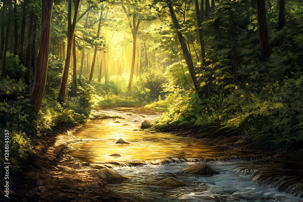 Obraz premium Forest creek in warm sunlight