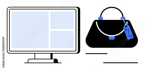 Computer monitor displaying a shopping website, next to a handbag with a price tag. Ideal for e-commerce, online retail, digital marketing, internet shopping, website design, consumerism, modern