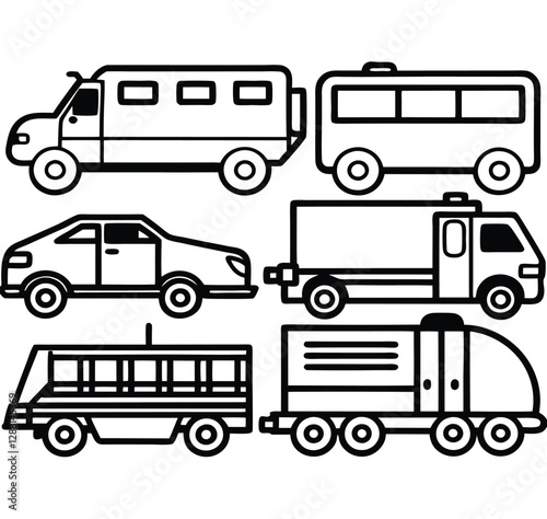 A series of transportation vehicles: truck, bus, car. Line art, icon, vector, illustration, isolated, design, stock related to transportation. Editable Pro Vector.