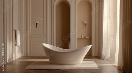 Serene Bathroom Oasis: The photograph depicts a luxurious and elegant bathroom, featuring a modern freestanding bathtub as the focal point. photo