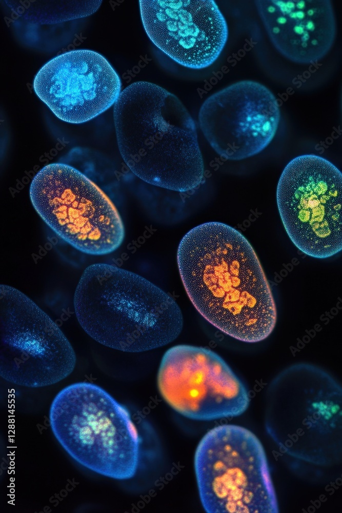 Obraz premium A microscopic view of coconut oil droplets, glowing with vibrant and ethereal tones