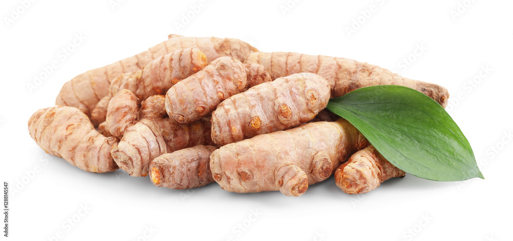 Raw turmeric roots and green leaf isolated on white Raw turmeric roots and green leaf isolated on white