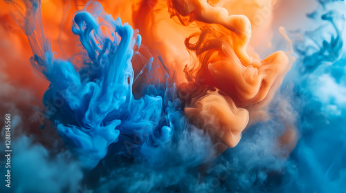 Spectacular image of blue and orange liquid ink churning together, with a realistic texture and great quality.