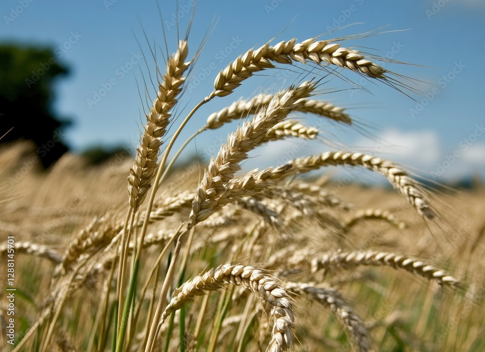 Wheat field with green wheat in the foreground, blurred background of grassy meadow, close-up of tall ears of grain, blurred blue sky, Wheat field with green wheat in the foreground, blurred background of grassy meadow, close-up of tall ears of grain, blurred blue sky,