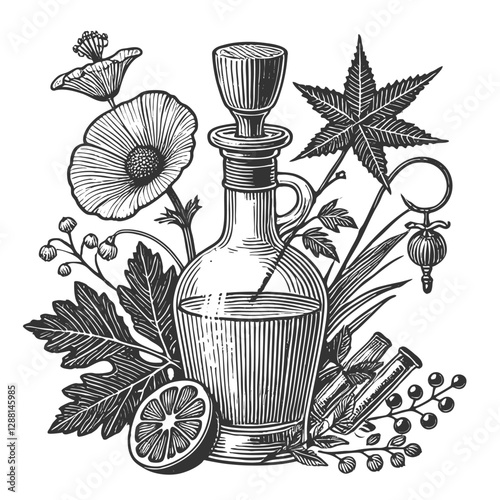 old apothecary bottle surrounded by medicinal herbs, flowers, citrus, and spices, symbolizing herbal medicine sketch engraving generative ai vector illustration. Scratch board. Black and white image.