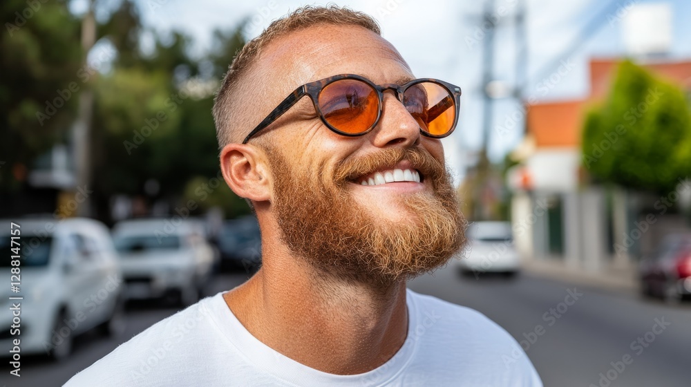 A man wearing sunglasses and a white t-shirt, standing outdoors with an orange glow from sunset behind him. A man wearing sunglasses and a white t-shirt, standing outdoors with an orange glow from sunset behind him.