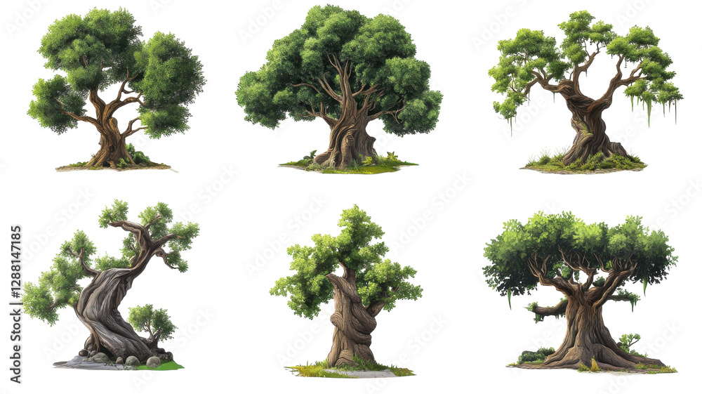 Unique collection of six diverse tree illustrations showcasing different styles and characteristics with lush green foliage Unique collection of six diverse tree illustrations showcasing different styles and characteristics with lush green foliage