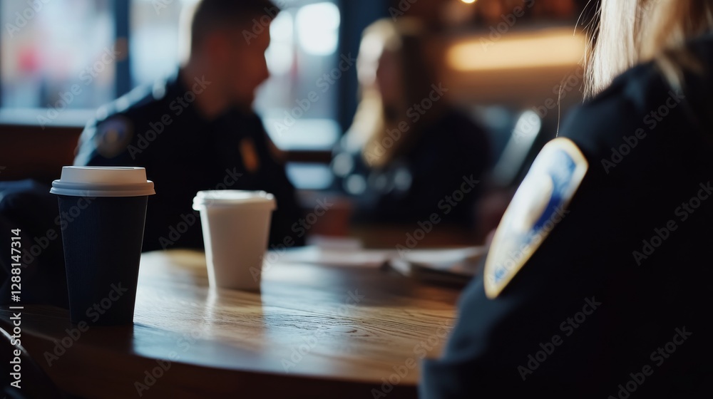 Criminal investigation in a coffee shop with officers. Featuring quiet investigation and thorough questioning Criminal investigation in a coffee shop with officers. Featuring quiet investigation and thorough questioning
