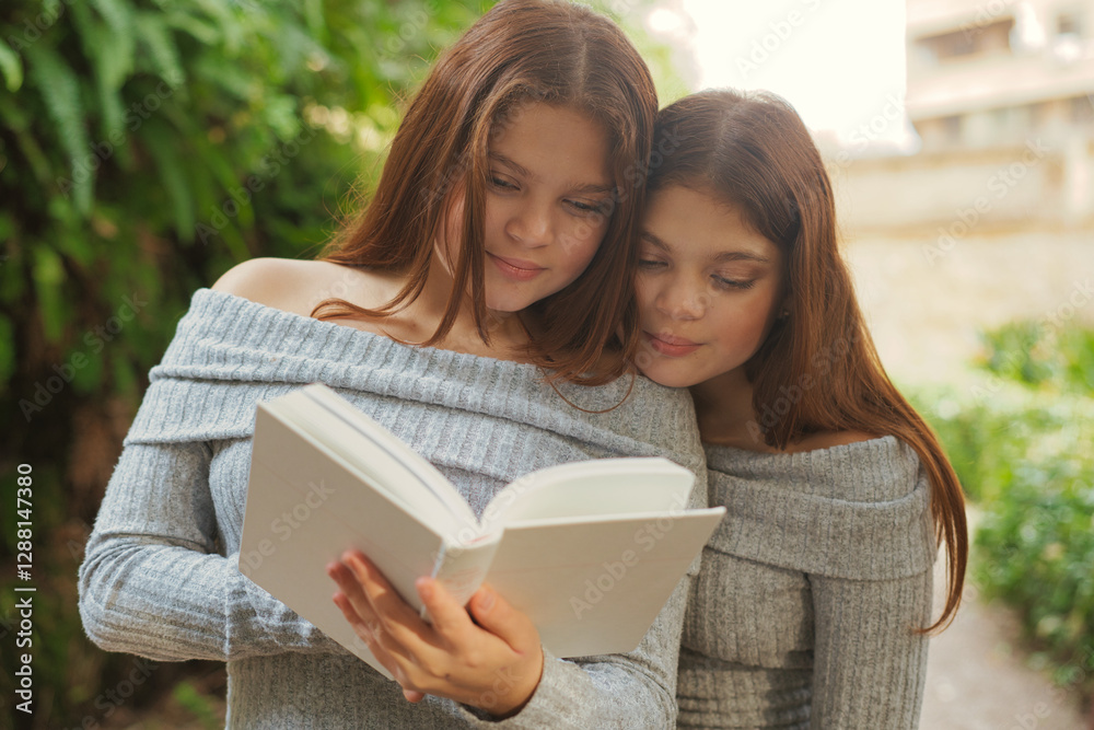 Twin Sisters Reading a Book Together Outdoors Twin Sisters Reading a Book Together Outdoors