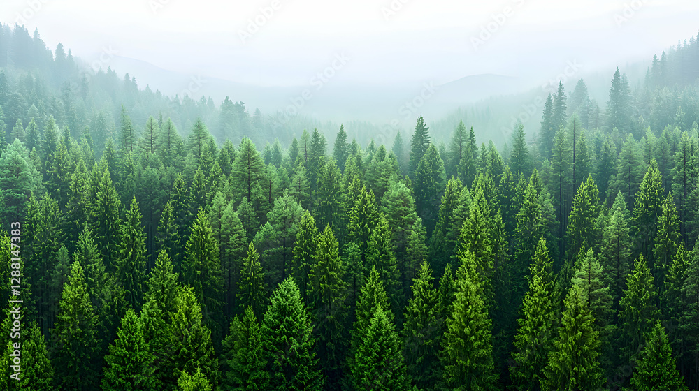 Obraz premium Aerial View of a Lush Green Coniferous Forest on a Misty Mountain