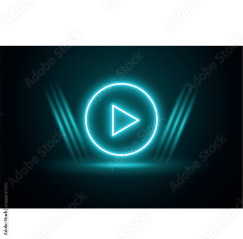 Play button icon. Neon play button with neon circle. Glowing a play button on black background. Multimedia projects .Play right navigate triangle arrow start button.	
