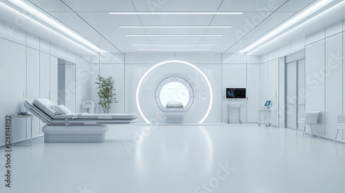 futuristic hospital room features advanced MRI scanning machine, surrounded by sleek, minimalist design elements and modern medical equipment, creating serene atmosphere
