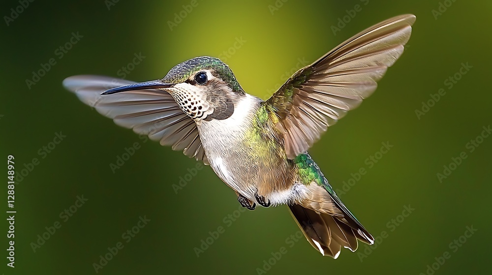 Hummingbird flying with spread wings against green background, captured mid-air for nature use Hummingbird flying with spread wings against green background, captured mid-air for nature use