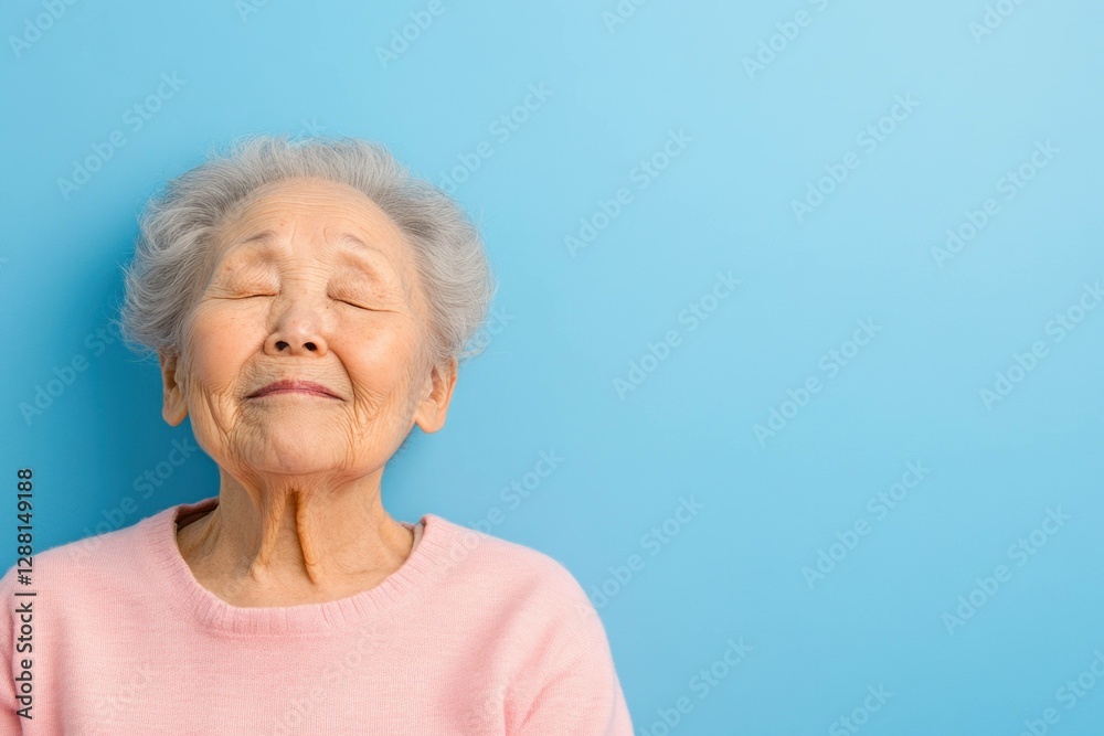 Happy elderly woman enjoying life in a pastel pink sweater against a light blue background, expressing peace and contentment in her golden years Happy elderly woman enjoying life in a pastel pink sweater against a light blue background, expressing peace and contentment in her golden years