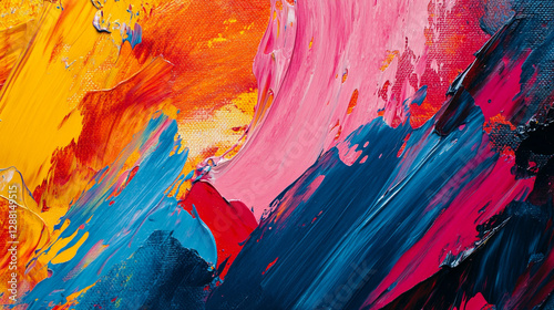 Vibrant abstract painting on canvas with bold brushstrokes of yellow, orange, pink, red, and blue creates a dynamic and textured composition. photo