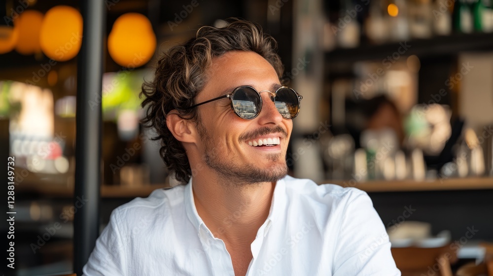 Obraz premium Portrait of a handsome man smiling, wearing sunglasses and a polo shirt enjoying some time outdoors on a sunny day.