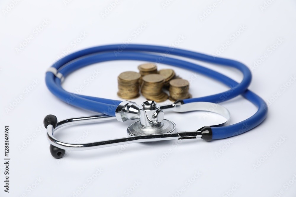 Stethoscope and coins on light background, closeup Stethoscope and coins on light background, closeup