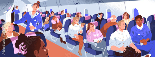 Tourists sit on chairs, seats inside airplane cabin. Hostess, stewardess services passengers of aircraft during flight. People in plane leave airport. Interior of aeroplane. Flat vector illustration