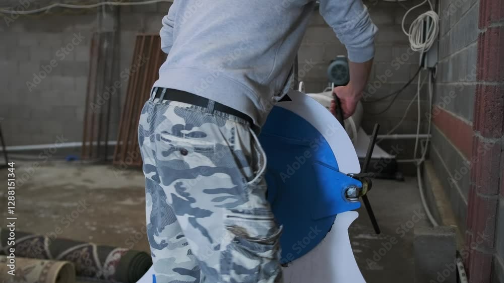 Starting the drum centrifuge for carpet extraction. A specialist in camouflage pants rotates the locking handle, sealing the drum before activating the equipment to remove excess moisture. Starting the drum centrifuge for carpet extraction. A specialist in camouflage pants rotates the locking handle, sealing the drum before activating the equipment to remove excess moisture.