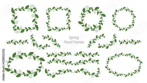 Vector set of calligraphy floral frames for spring season. Soft and natural logo template. Flowers and leaves for wedding invitations save the date cards.