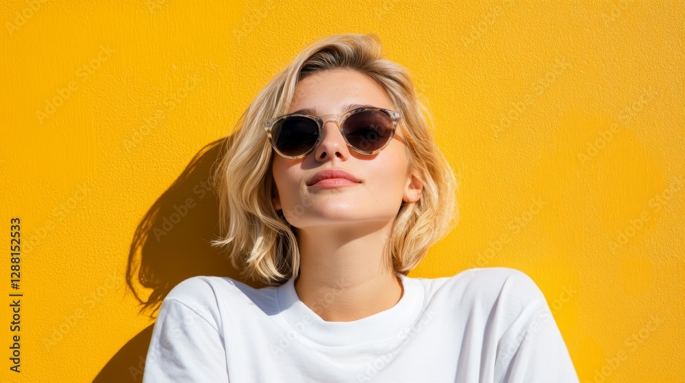 Woman posing against a yellow background in a white t-shirt. Woman posing against a yellow background in a white t-shirt.