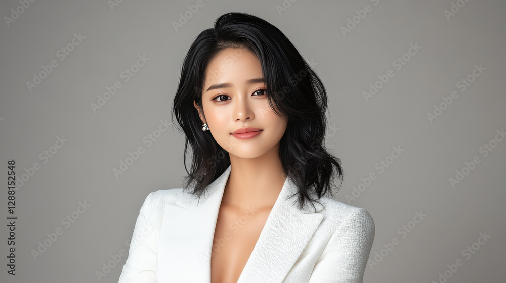 confident woman in white blazer smiles softly against neutral background, exuding elegance and poise confident woman in white blazer smiles softly against neutral background, exuding elegance and poise