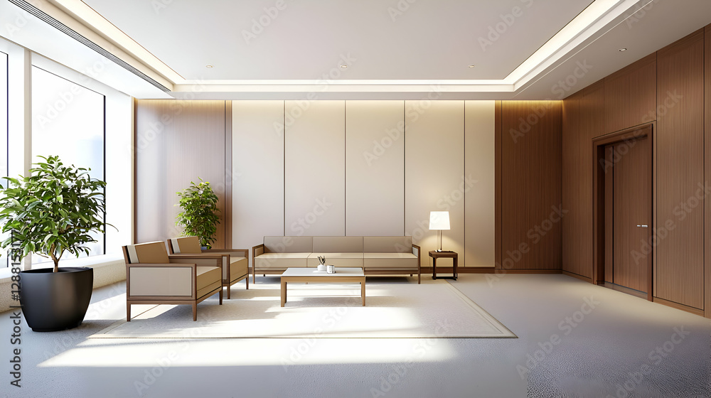 Fototapeta premium Modern Beige Office Waiting Room Interior Design with Wood Paneling