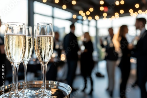 The event features a waiter from a catering service carrying champagne wine drinks