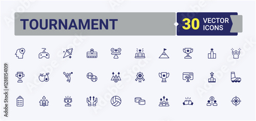 Tournament vector line icon set. Containing rival, tug of war, battle, trophy, game, feat and more. Perfect for logos and infographic. Solid line editable stroke.