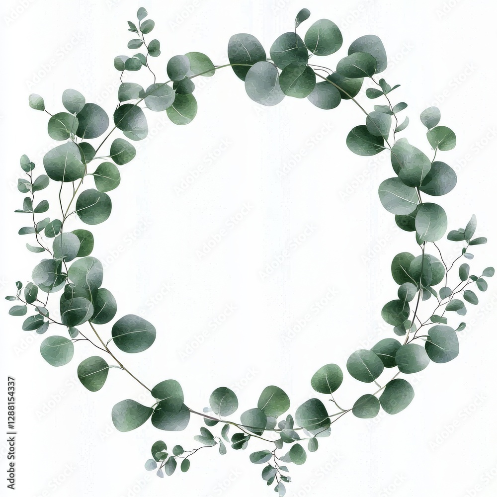 The design consists of a hexagonal frame with modern greenery, hand-drawn labels of flowers, and eucalyptus branches, all set against a white background for use in greetings or wedding templates