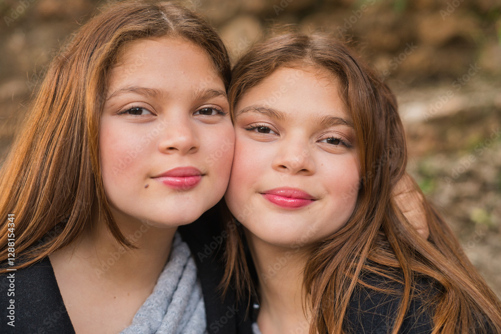 Two twin sisters with long brown hair hugging and smiling Two twin sisters with long brown hair hugging and smiling