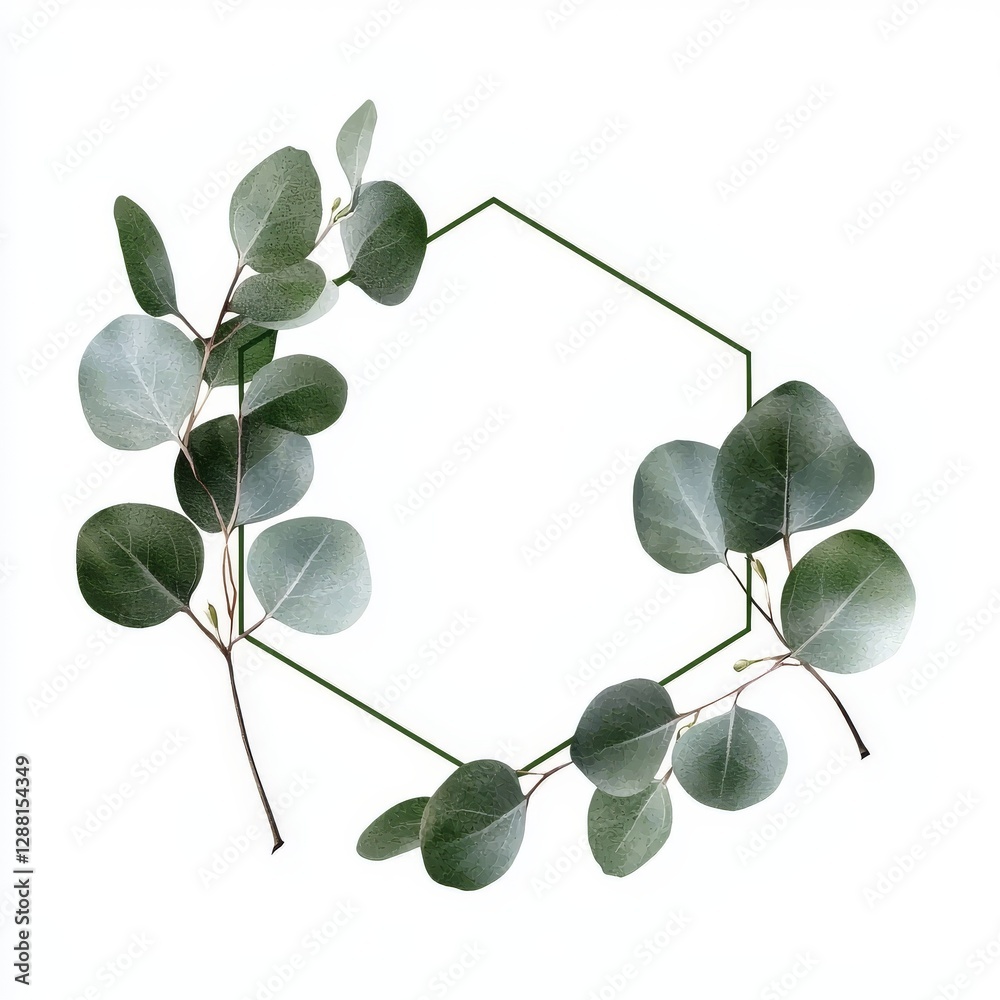 Obraz premium A modern hexagonal frame featuring greenery, accompanied by hand-drawn floral labels and eucalyptus branches, isolated on a white background for greetings or weddings