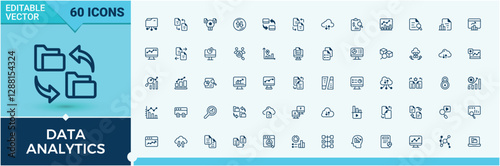 Set of Data Analytics line icons. Contains linear outline icons like arrow, graph, security, statistics, optimization, server. Outline icon collection. Editable vector outline and solid icons.