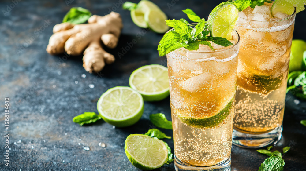 Fototapeta premium Chilled organic ginger ale soda with lime and mint in tall glasses, garnished with fresh mint leaves and lime slices, evokes refreshing summer vibe
