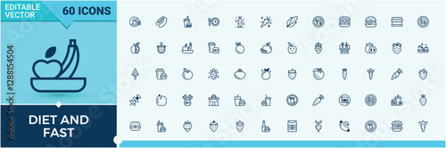 Diet And Fast icon pack. Containing protein, kcal, vegetables, healthy, fiber, gluten, raw, balanced. Line with editable stroke. Vector line and solid icons.