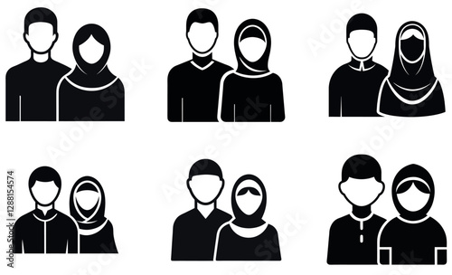This image set displays stylized icons of Muslim couples.