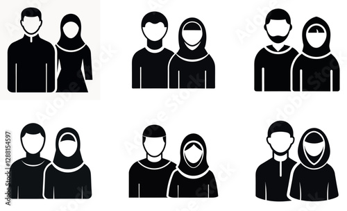 This image set displays stylized icons of Muslim couples.