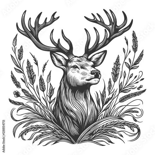 deer with large antlers, surrounded by decorative foliage, evoking a sense of nature, wildlife, and elegance sketch engraving generative ai vector illustration. Scratch board. Black and white image.