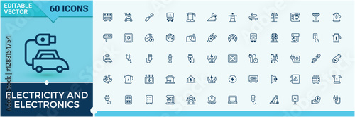 Electricity And Electronics linear icon collection. Includes thin line city, charge, gas, solar, factory, energy, plant, station. Flat UI icon design. Editable vector outline and solid icons.