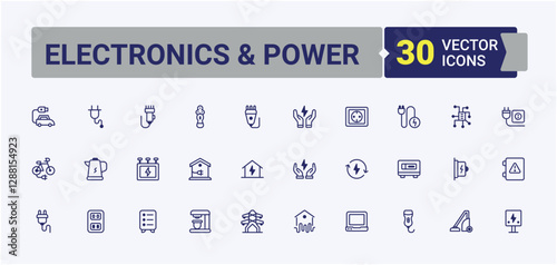 Electronics & Power minimal icon set. Featuring energy, charge, plant, electromagnet, gas, nuclear and more. Icons for design. Solid line editable stroke.