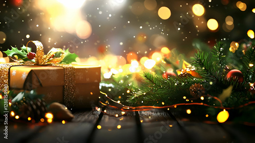 Golden Gift Box with Christmas Decorations on Wooden Table photo