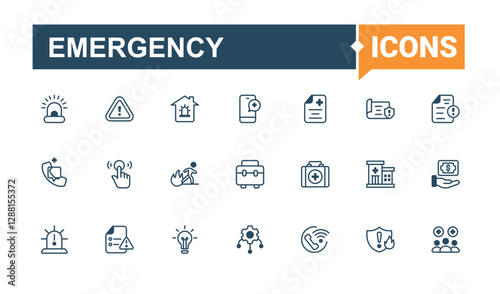 Emergency minimal icon set. Included icons as first, security, protection, evacuation, doctor and more. Expanded stroke. Vector outline and solid icons collection.