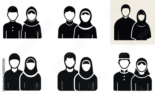 This image set displays stylized icons of Muslim couples.